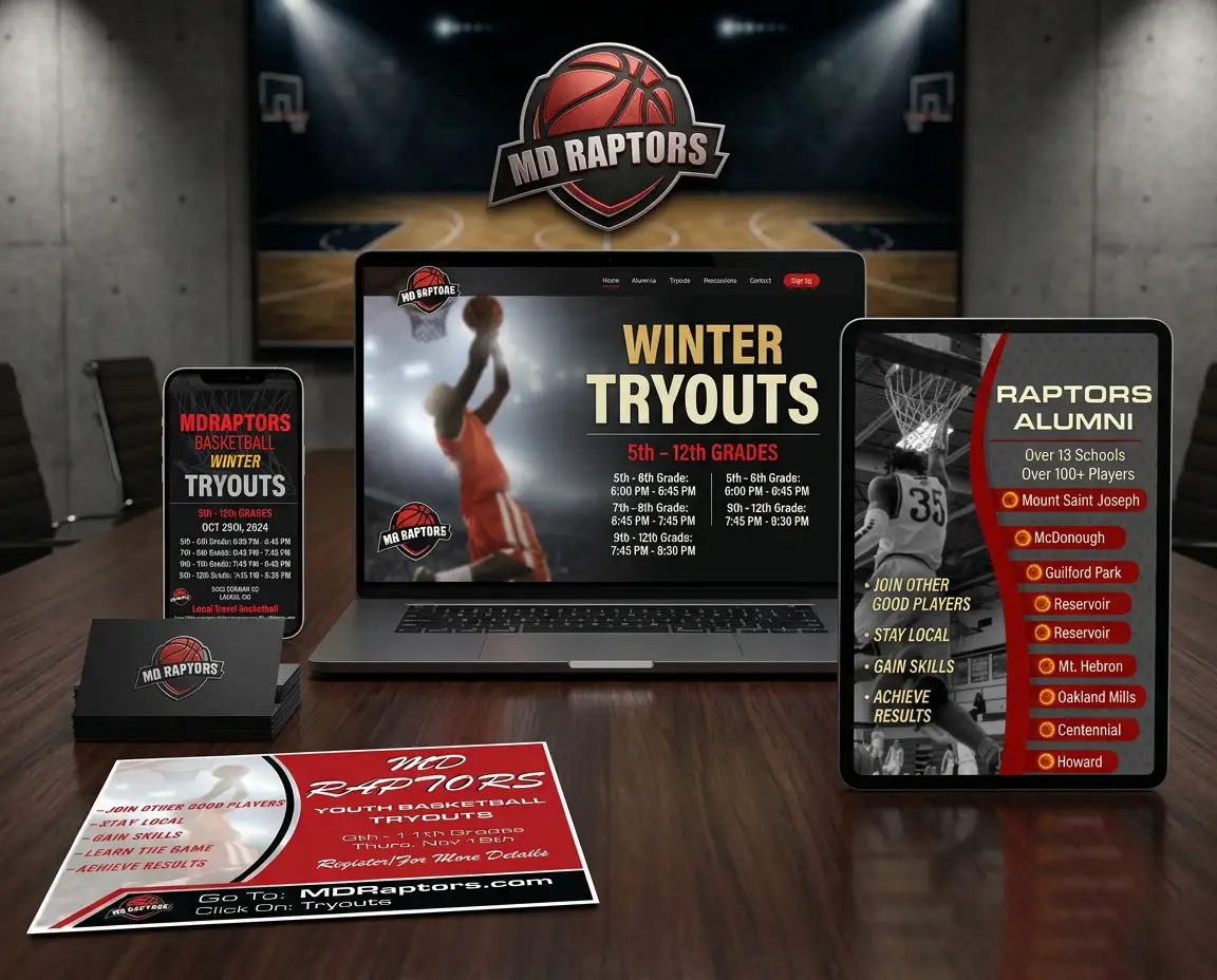 Basketball brand system mockup featuring uniforms, digital screens, mobile devices, posters, and branded sports merchandise.