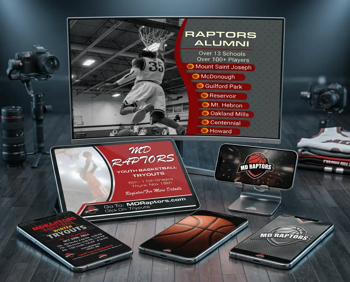Sports brand mockup showing a laptop, phone, tablet, and printed promotional materials for a basketball program.