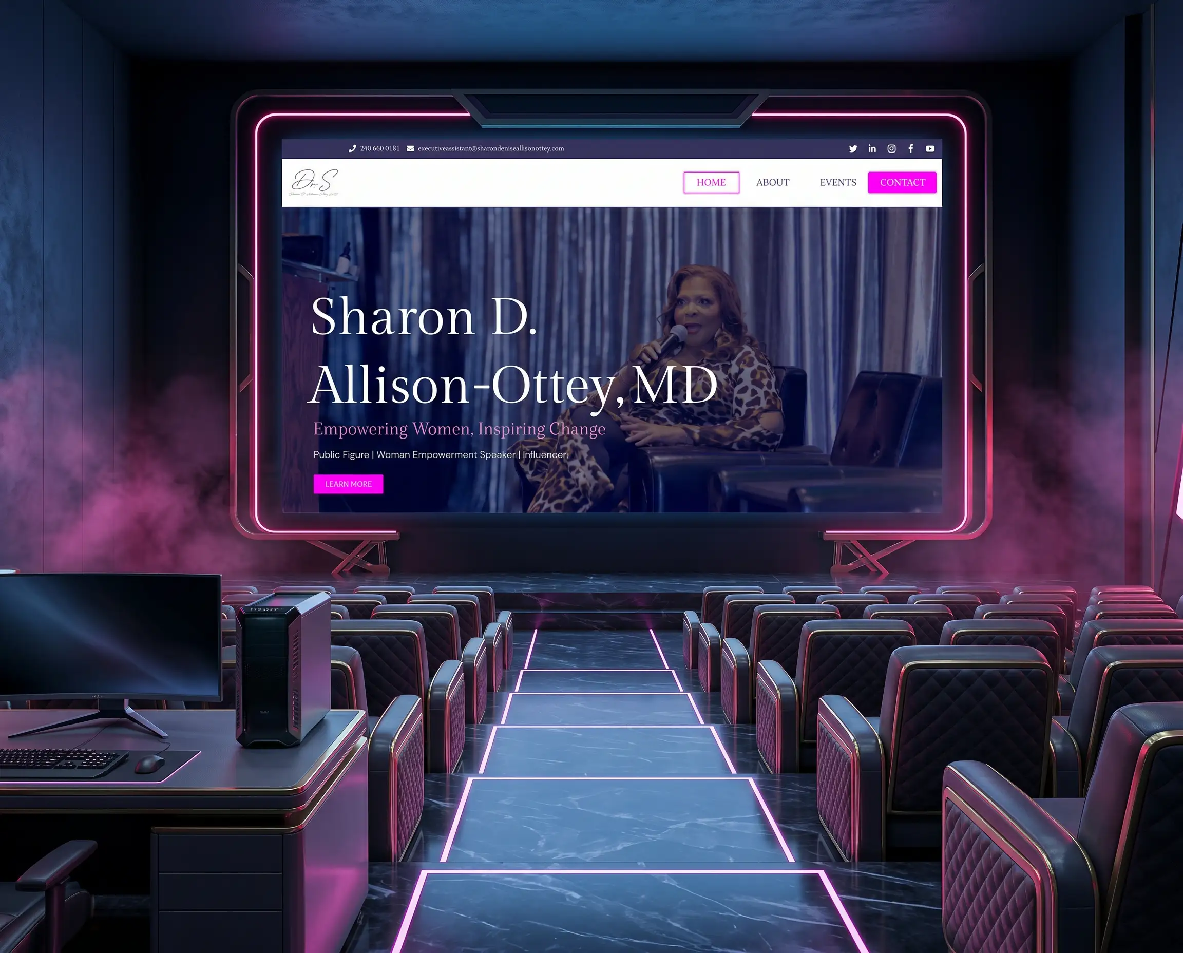 Speaker website mockup displayed on a large theater screen with stage lighting and audience seating.