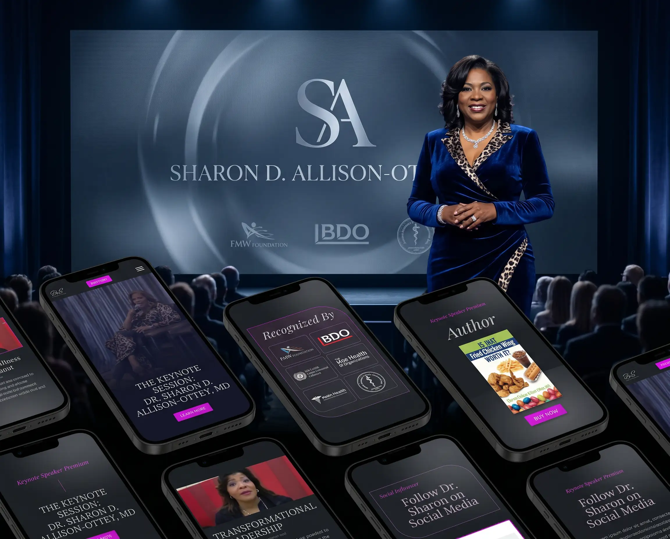 Multiple mobile screens showcasing a speaker authority platform.