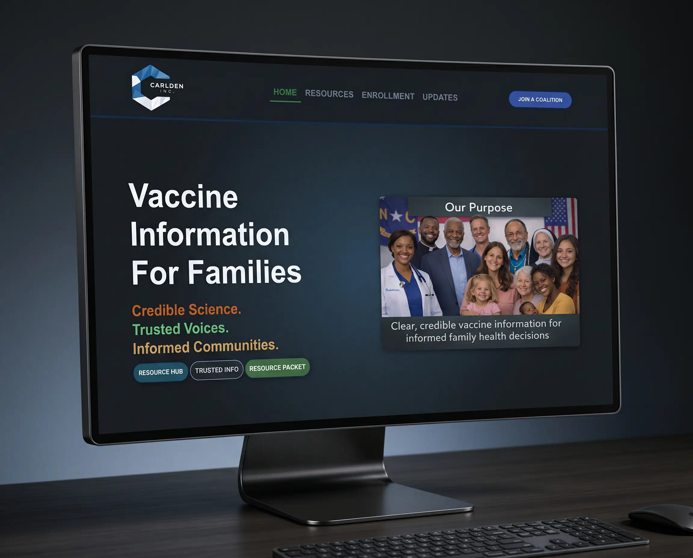 Desktop website mockup for a vaccine information platform displayed on a dark monitor.