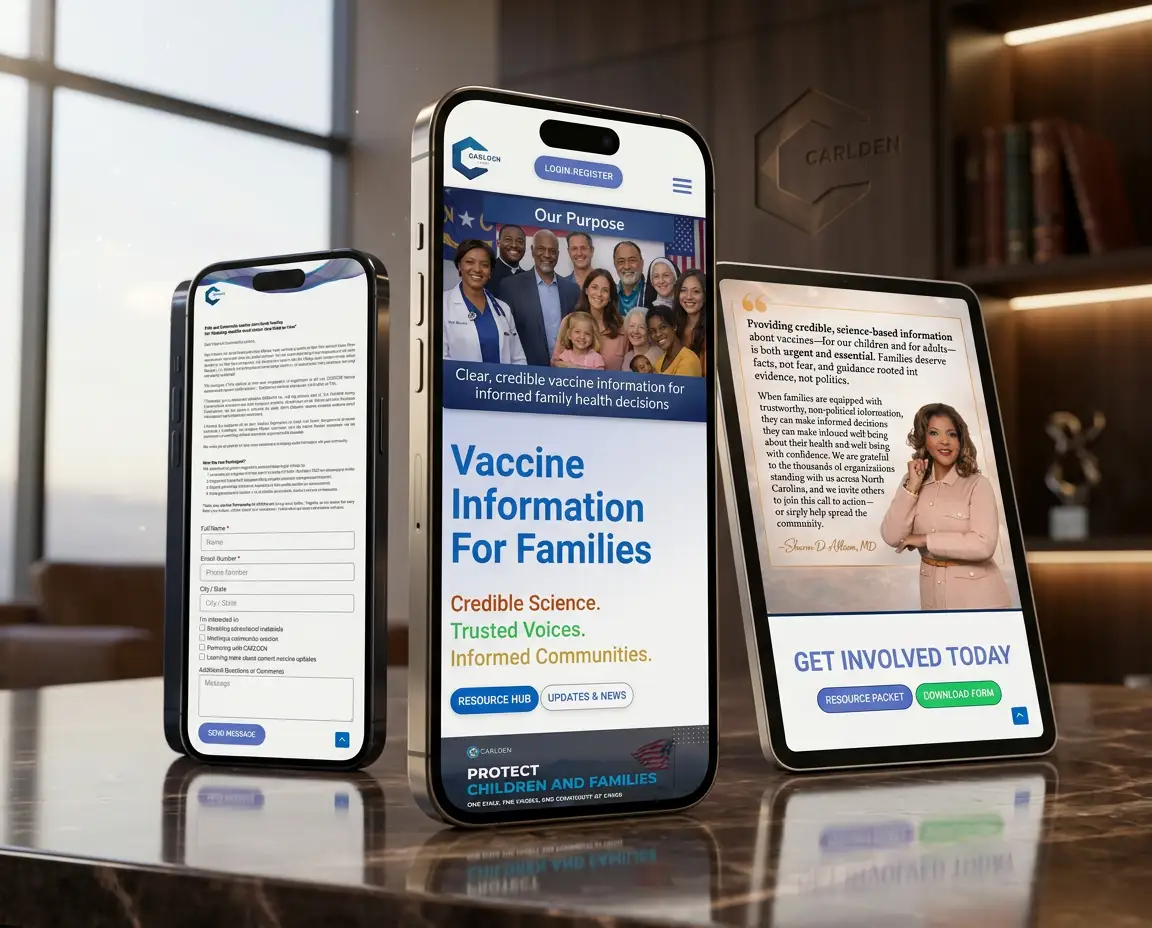 Responsive public health website mockup shown across mobile and tablet screens.