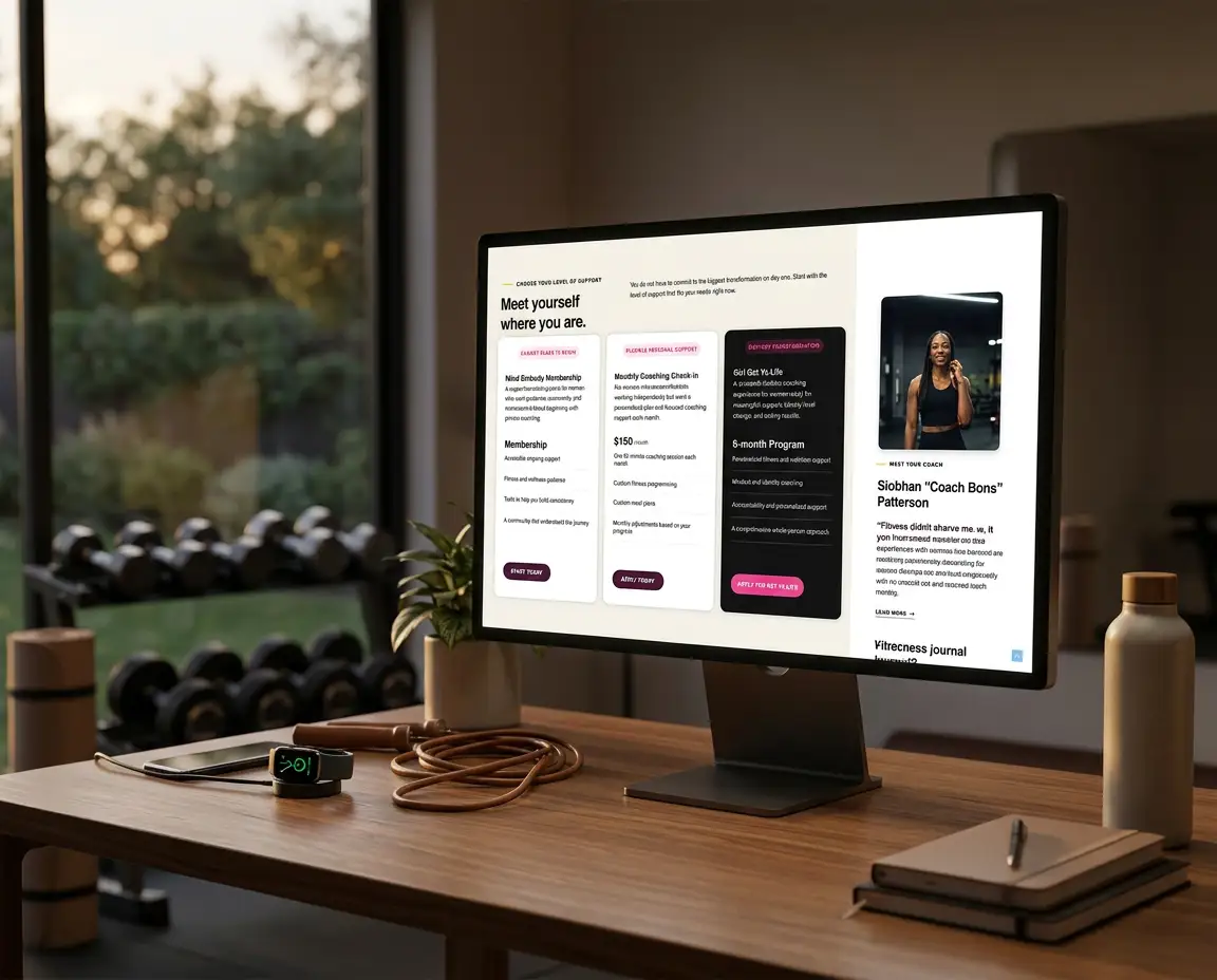 Desktop website mockup showing wellness coaching packages and offer cards.